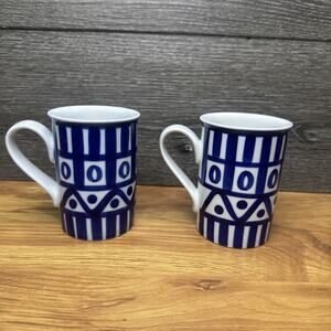 Vintage DANSK Cobalt Blue White ARABESQUE 11 oz Coffee Tea Mug Cups ~Set of 2